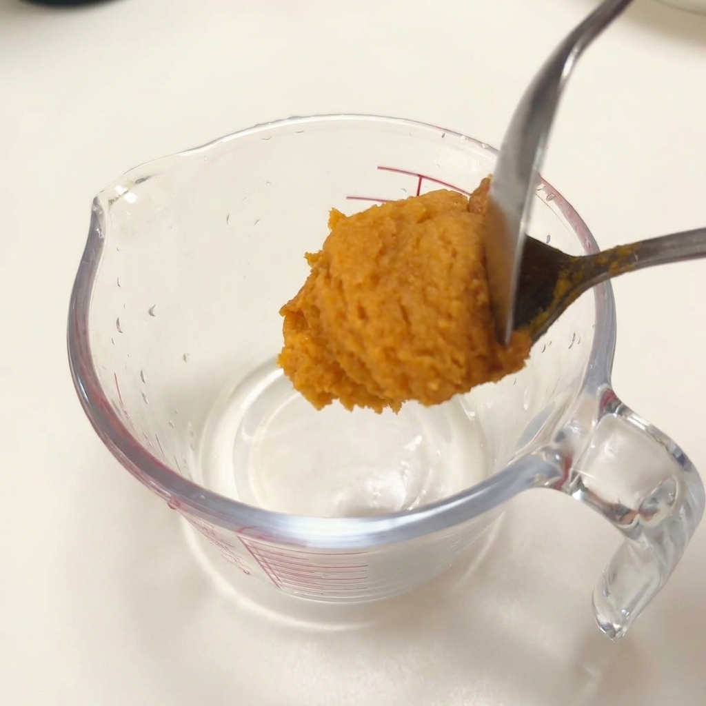 計量カップに味噌と各種液体調味料を入れている様子。