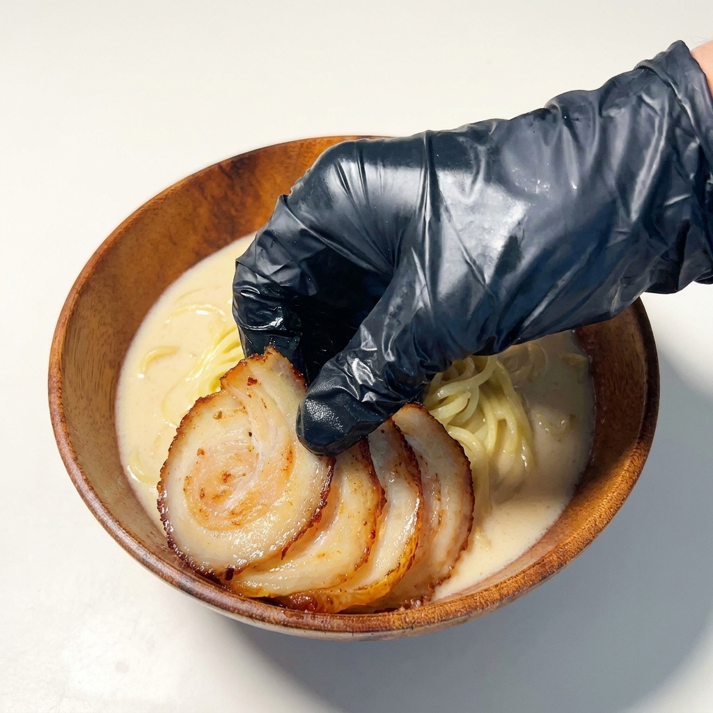 麺の上に炙ったチャーシューを丁寧に並べている様子。