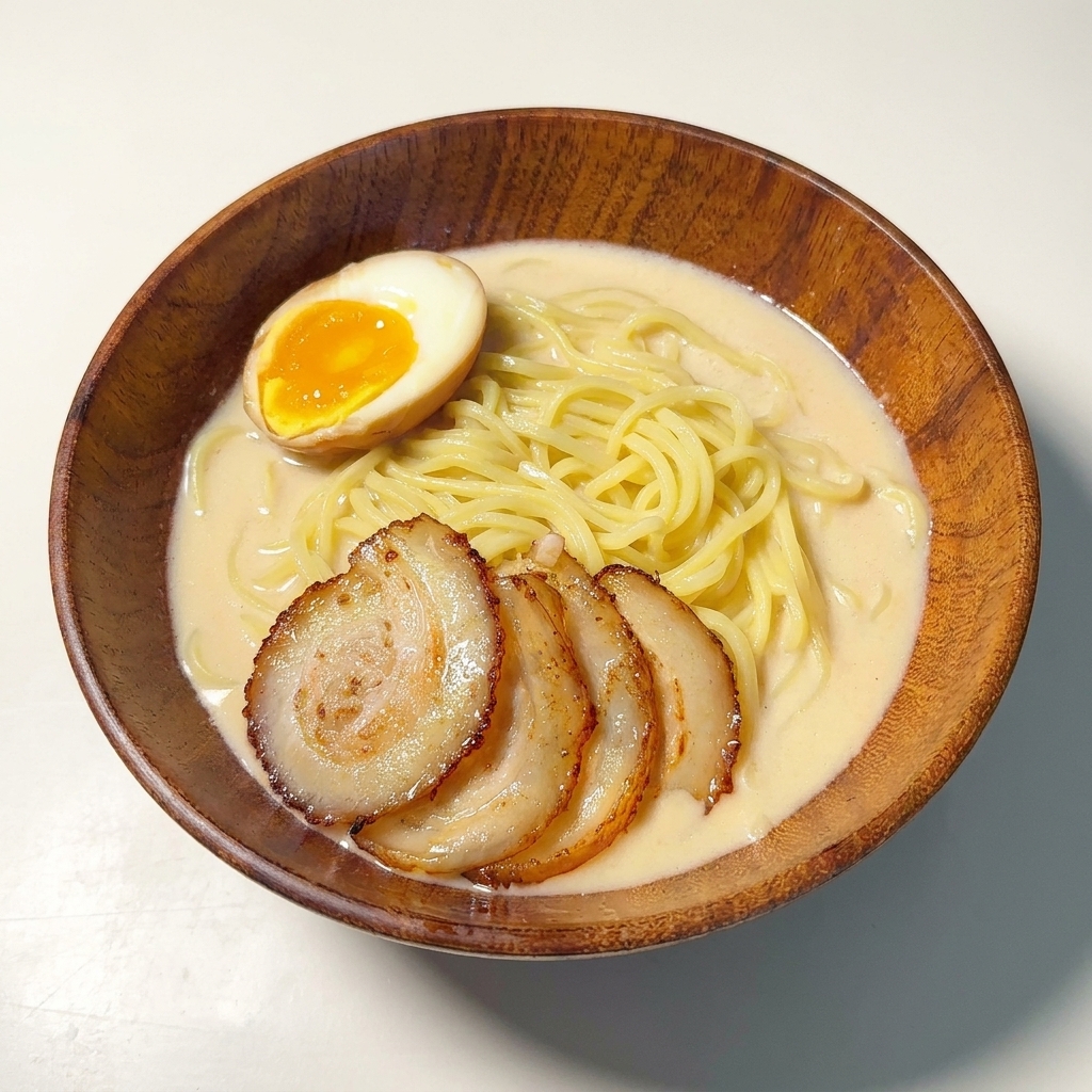 半分に切った半熟の味玉をチャーシューの横に配置している様子。