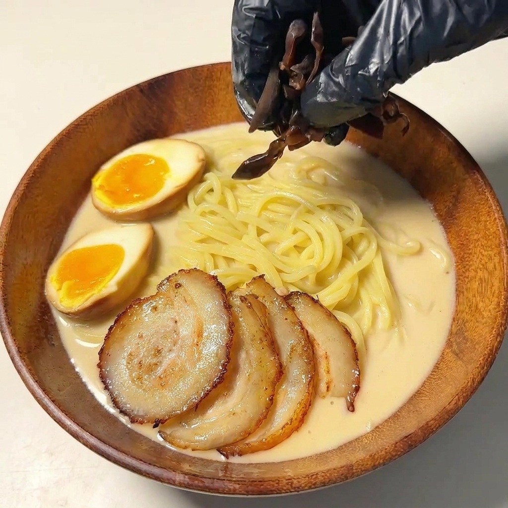 細切りのきくらげを丼に盛り付けている様子。
