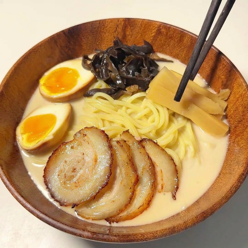 箸でメンマを丁寧に配置している様子。