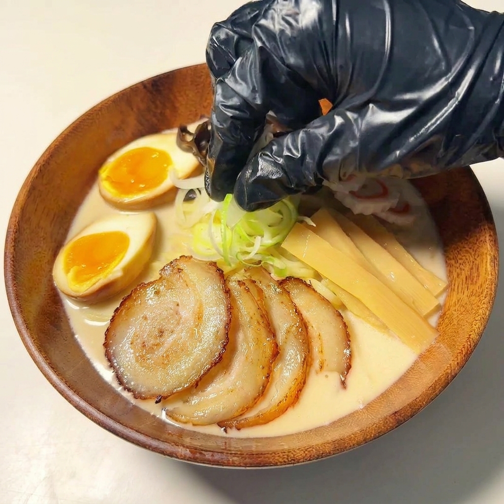刻みねぎをラーメンの中央に振りかけている様子。