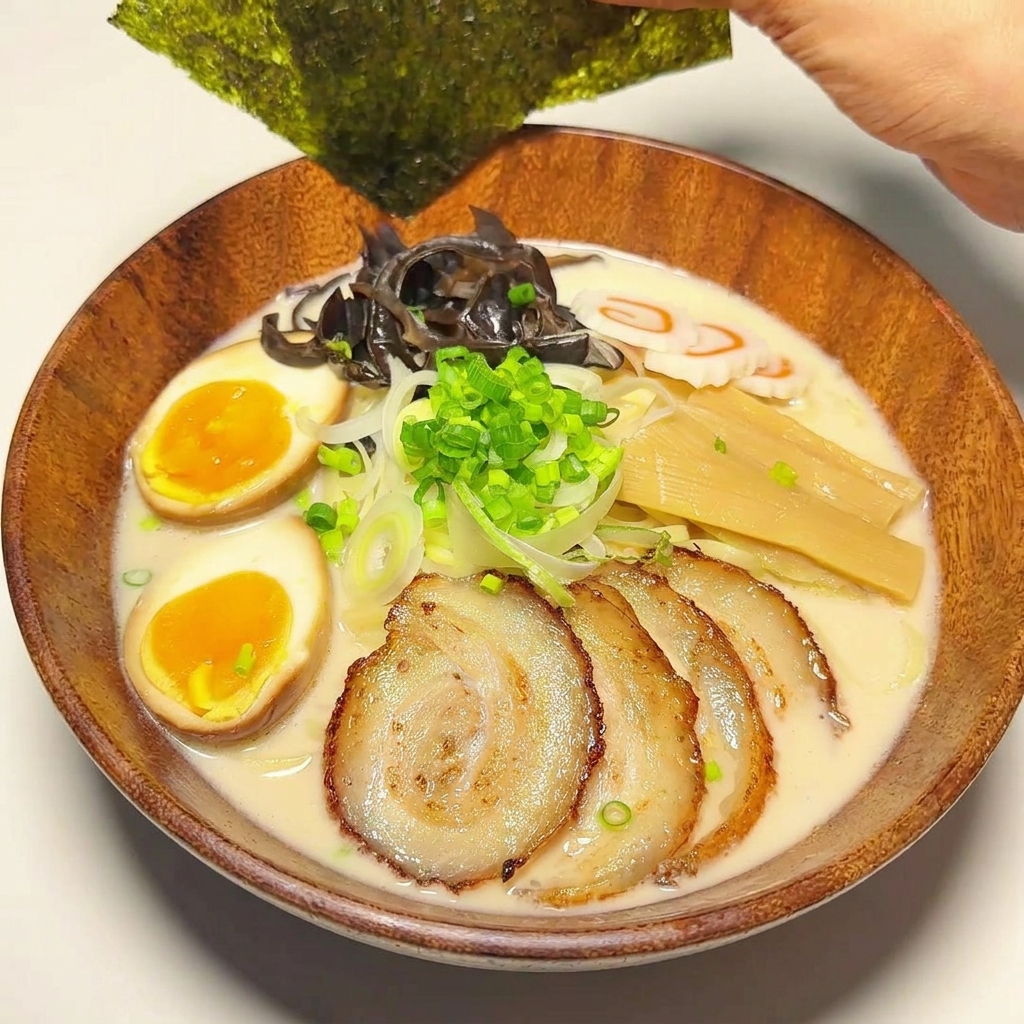 丼の縁に海苔を差し込み、仕上げている様子。