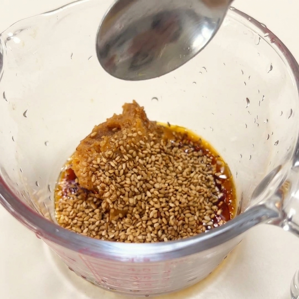 味噌の入ったカップにいりごまを加え、スプーンを添えている様子。