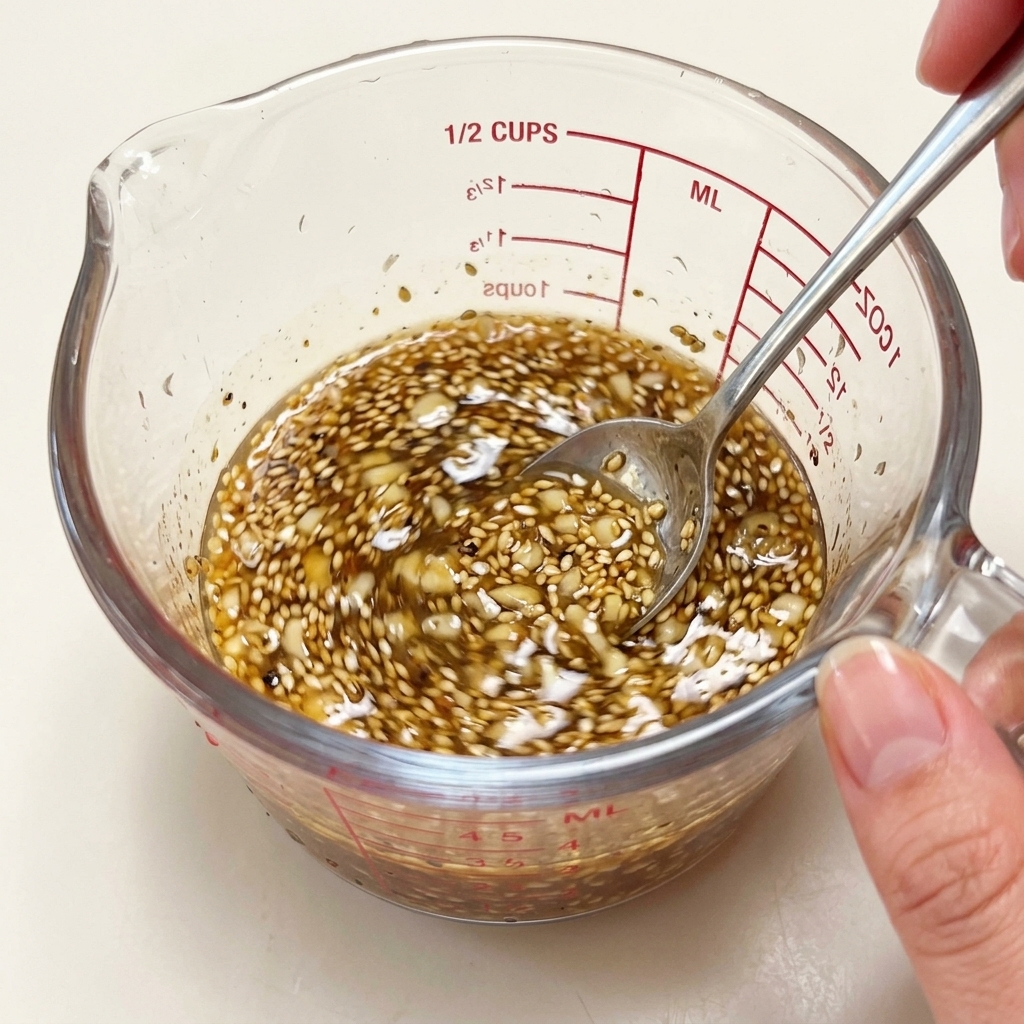 スプーンでカップの中のスープと調味料をしっかりとかき混ぜている様子。
