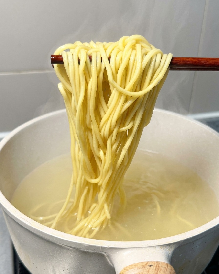 沸騰した鍋から、箸を使って茹で上がった中華麺を持ち上げている様子。