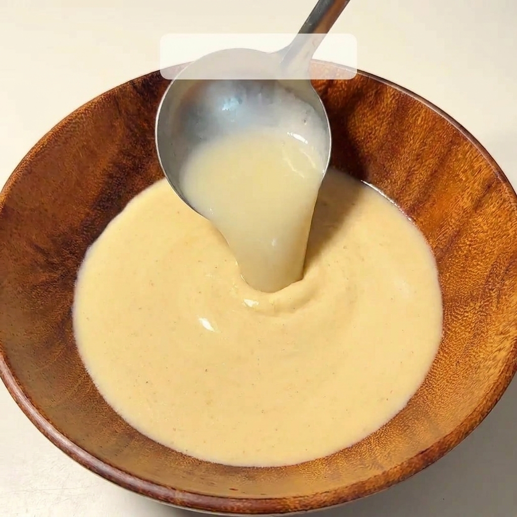 お玉で熱い豚骨スープを丼のベースに加えている様子。