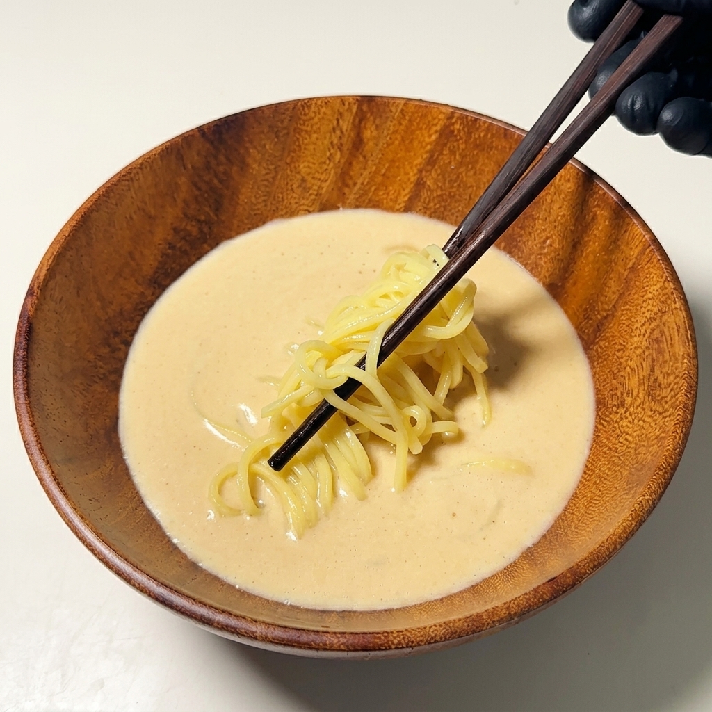 箸を使って丁寧に麺をスープの中に整えて入れている様子。