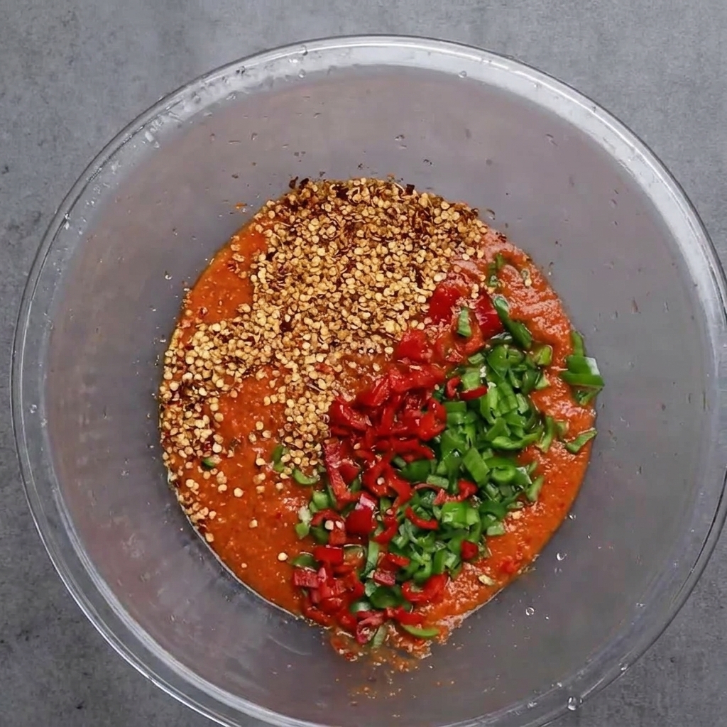 ペーストに魚醤を注ぎ、旨味を加える工程。