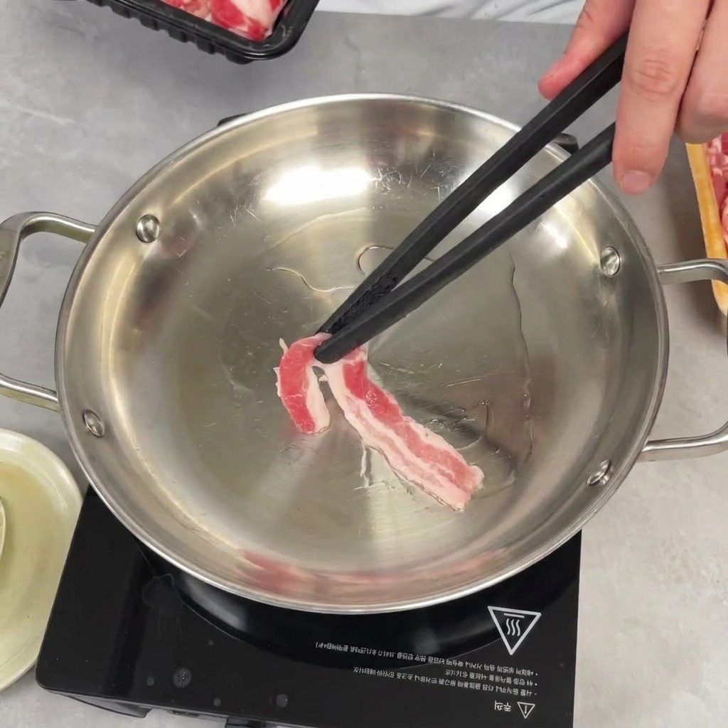 箸を使って豚バラ肉のスライスを鍋で炒めている様子。