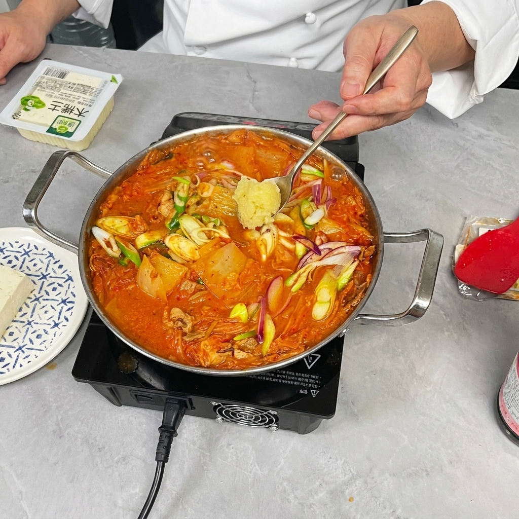 スプーンに入ったおろしにんにくをスープに溶かし入れている様子。