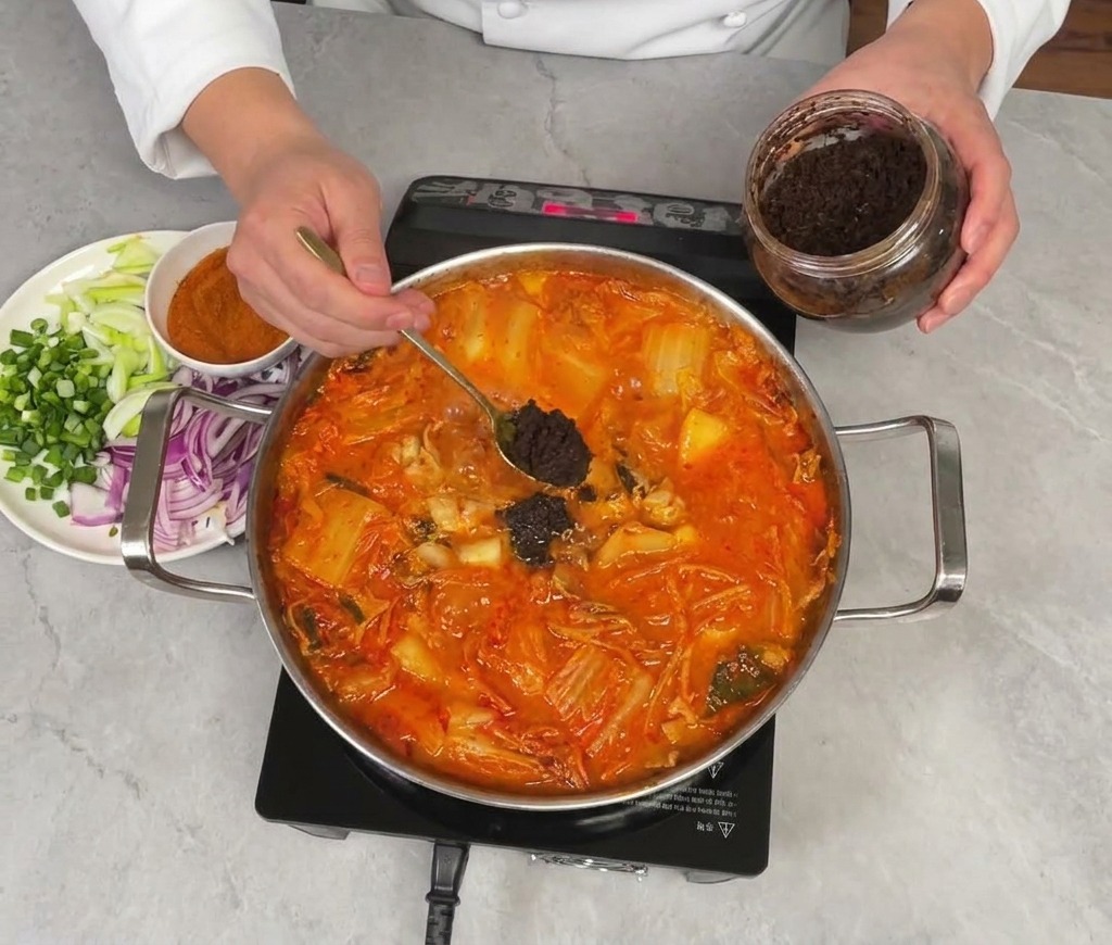 茶色の味噌をスプーンでスープに溶かしている様子。