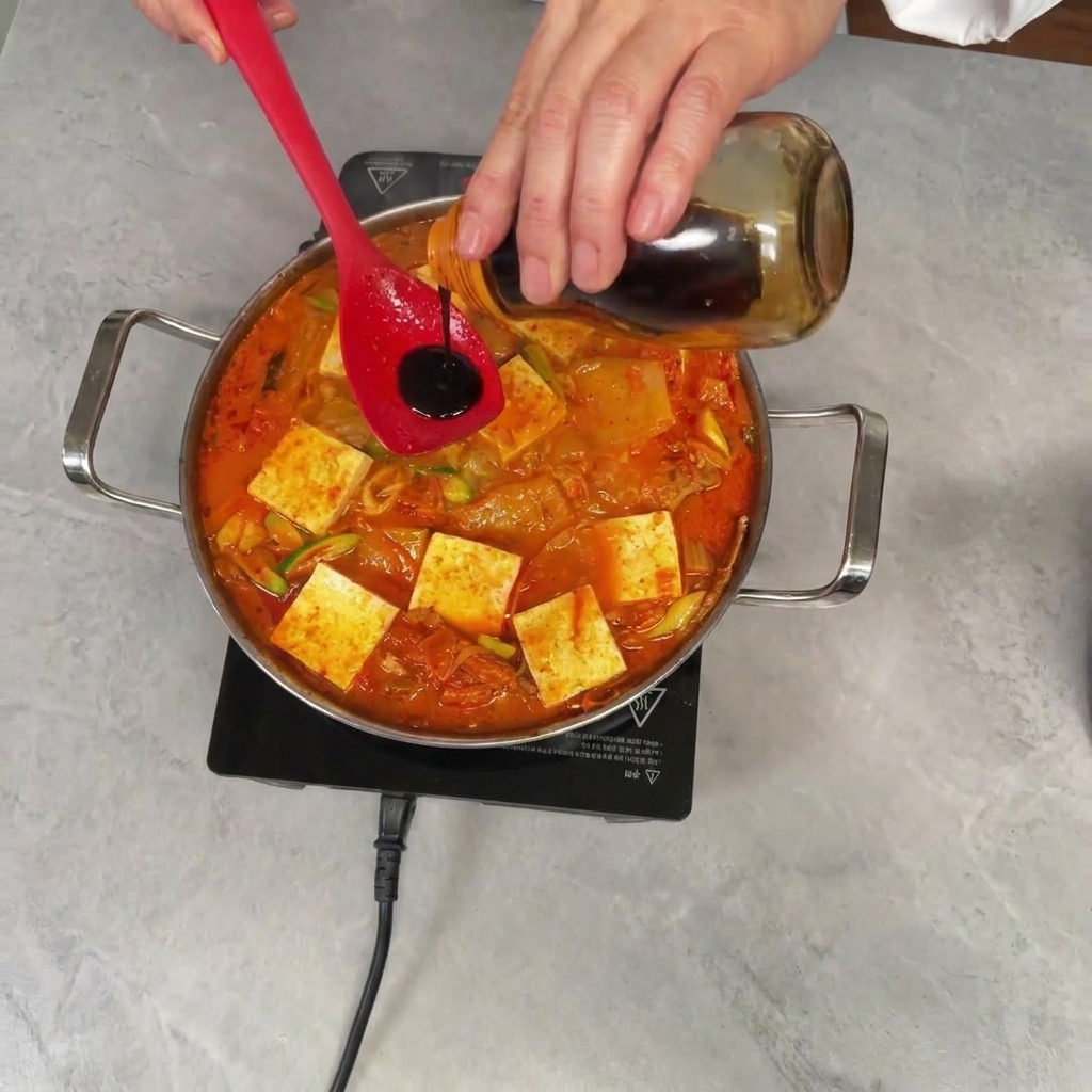 仕上げに醤油を加え、スープの味を確認している様子。