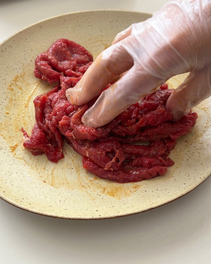ビニール手袋をはめた手で、皿の上の牛肉とタレを丁寧に混ぜ合わせている様子。