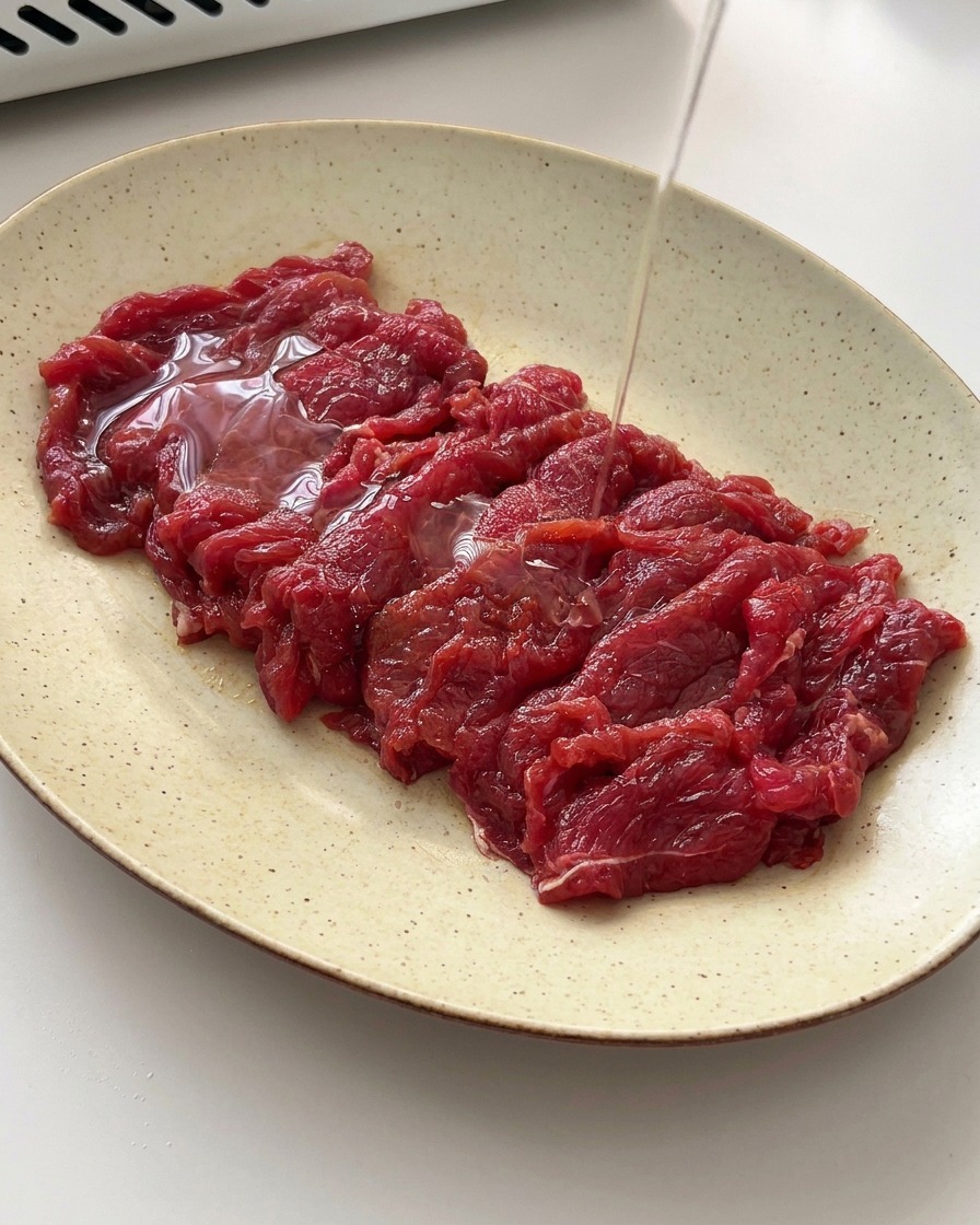 下味をつけた牛肉の上に、サラダ油が細く注がれている様子。