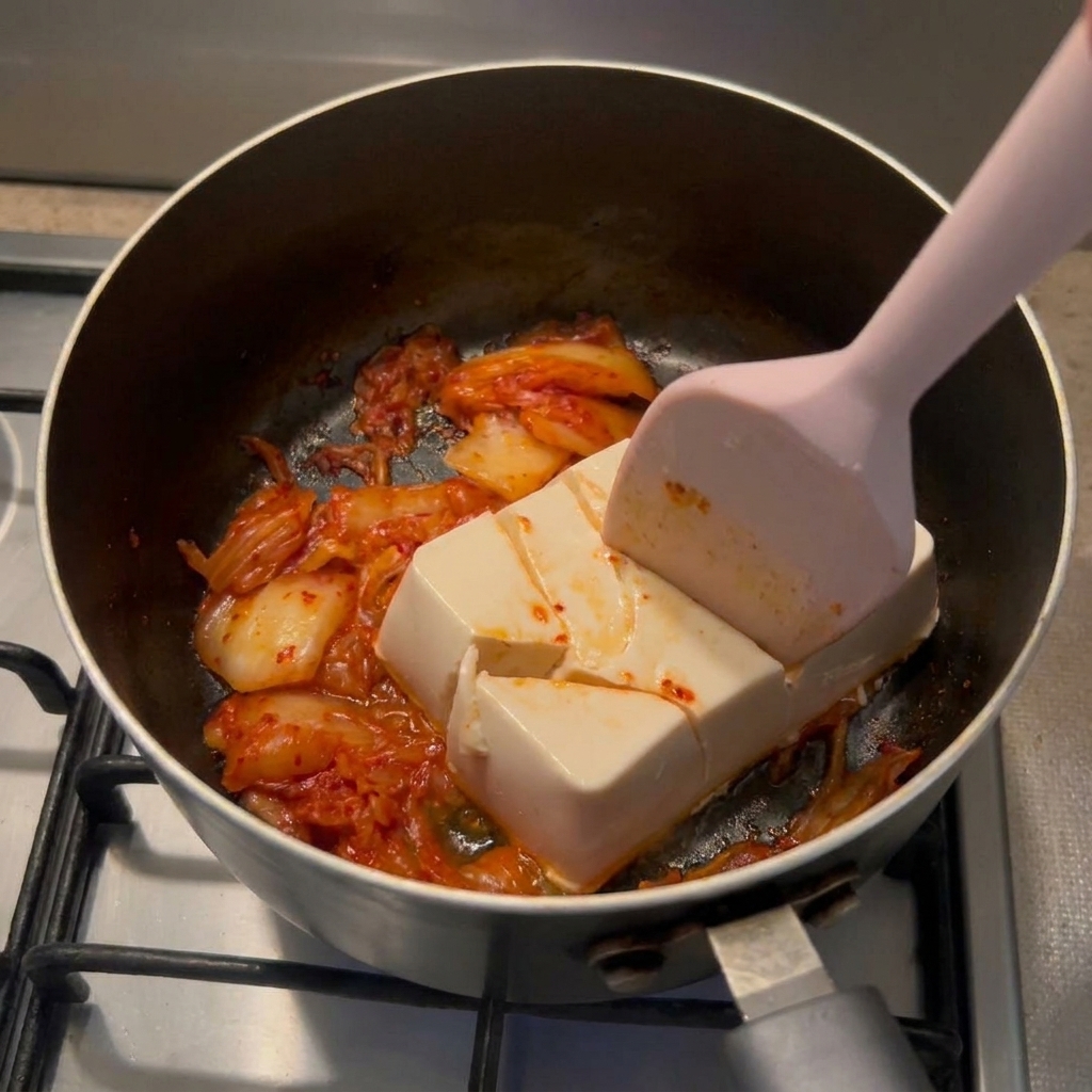 スパチュラで豆腐を大きな塊に崩している様子