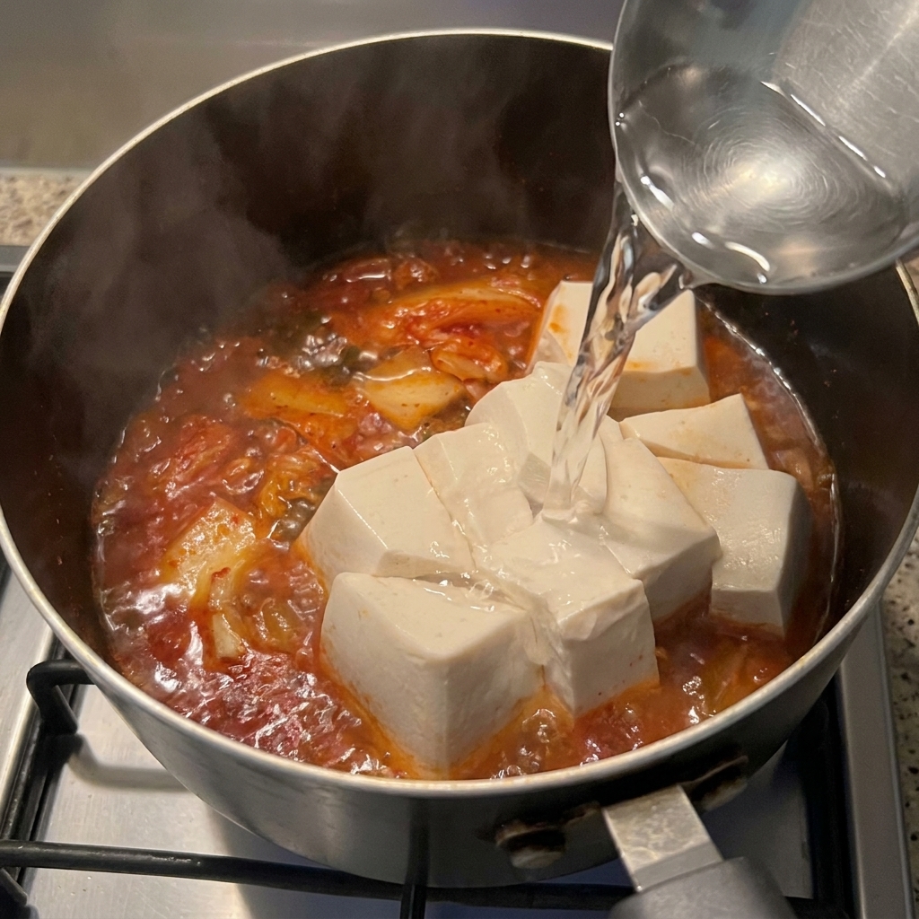 豆腐とキムチが入った鍋に、お玉で熱湯を注いでいる様子
