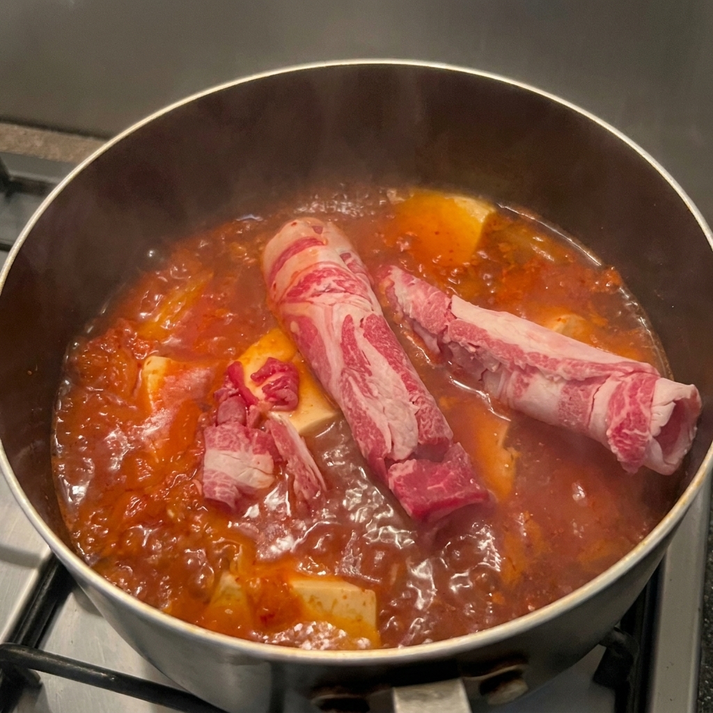 沸騰したスープに、薄切りの牛バラ肉を入れている様子