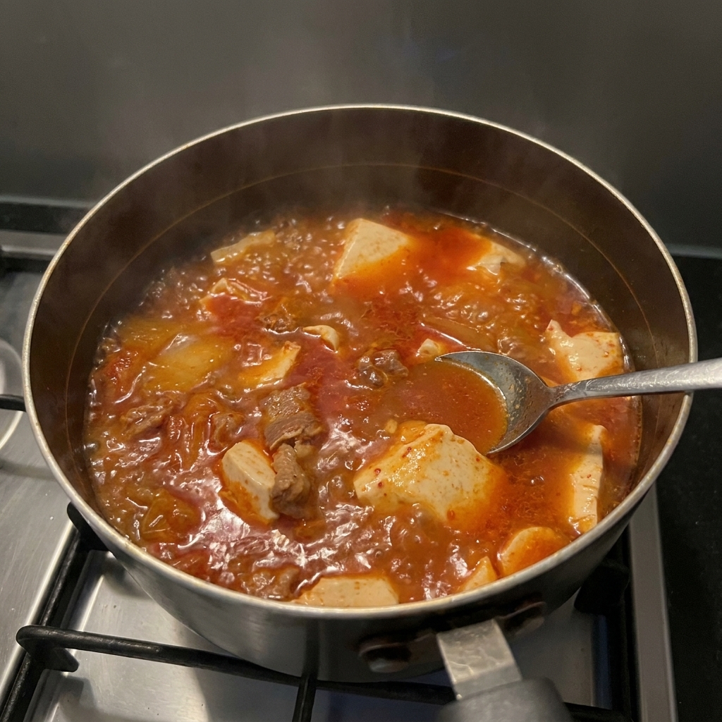 出来上がった熱々のスープをスプーンですくっている様子