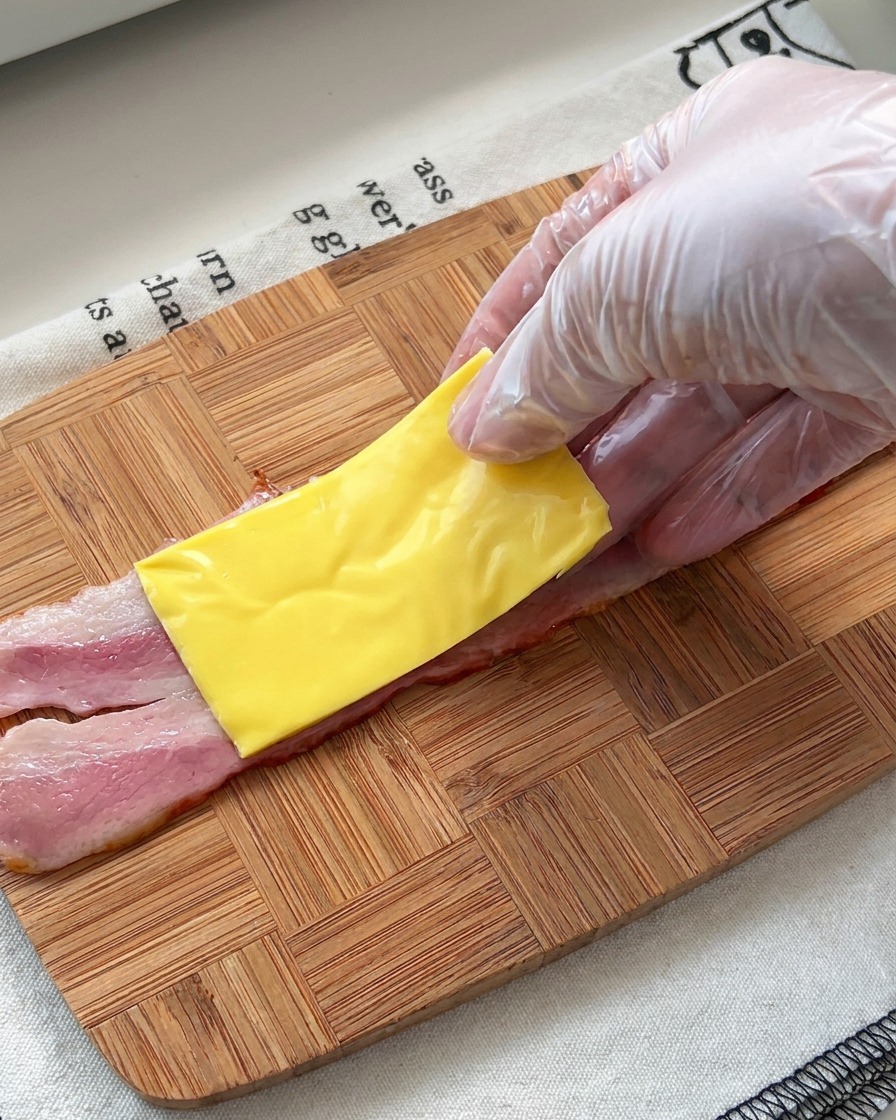 手袋をはめた手で、木の板の上に置いたピンク色のベーコンの上に黄色いスライスチーズをのせる様子。