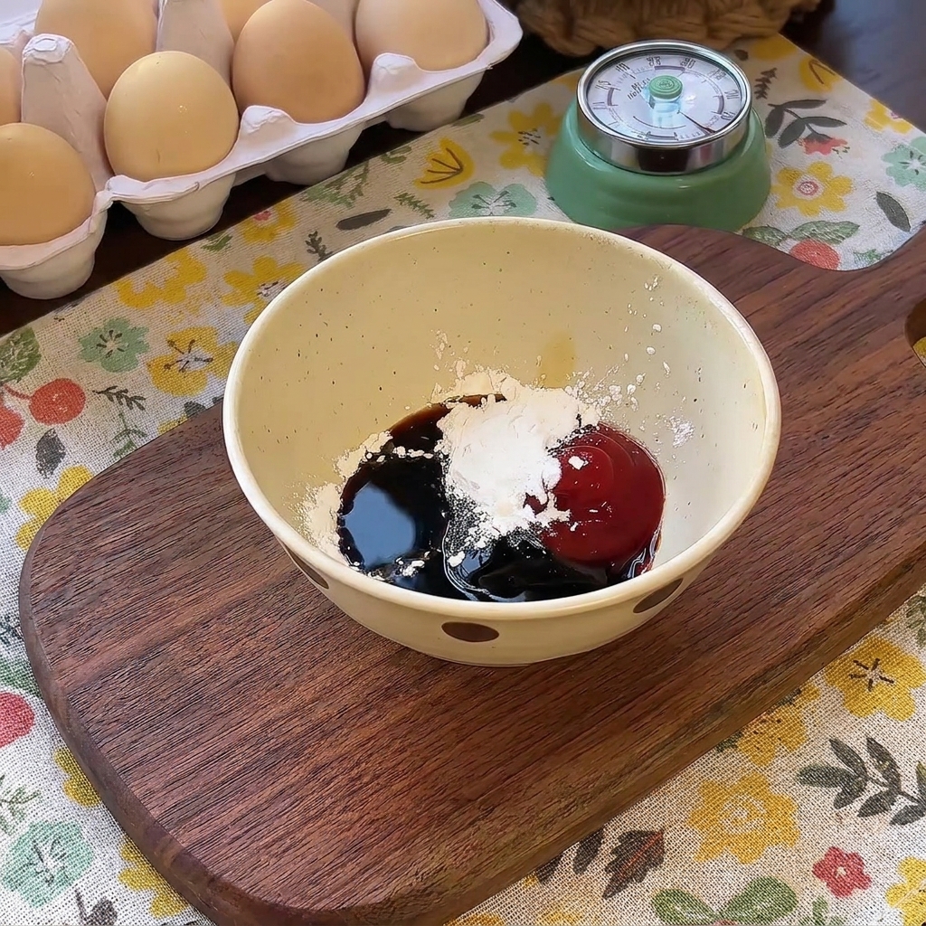 醤油、ケチャップ、片栗粉が置かれたキッチンでの風景