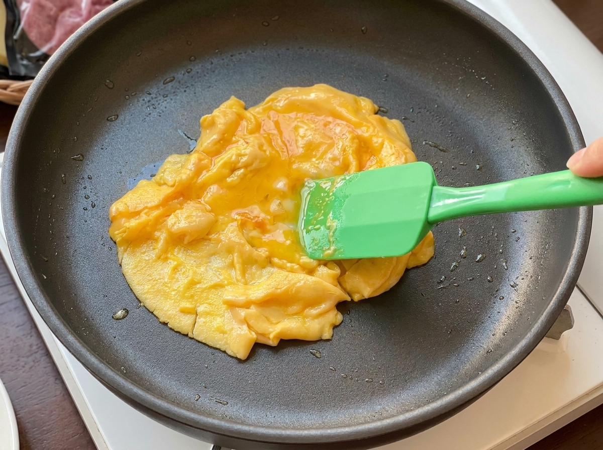 ヘラでふんわりとした卵をすくい上げている様子