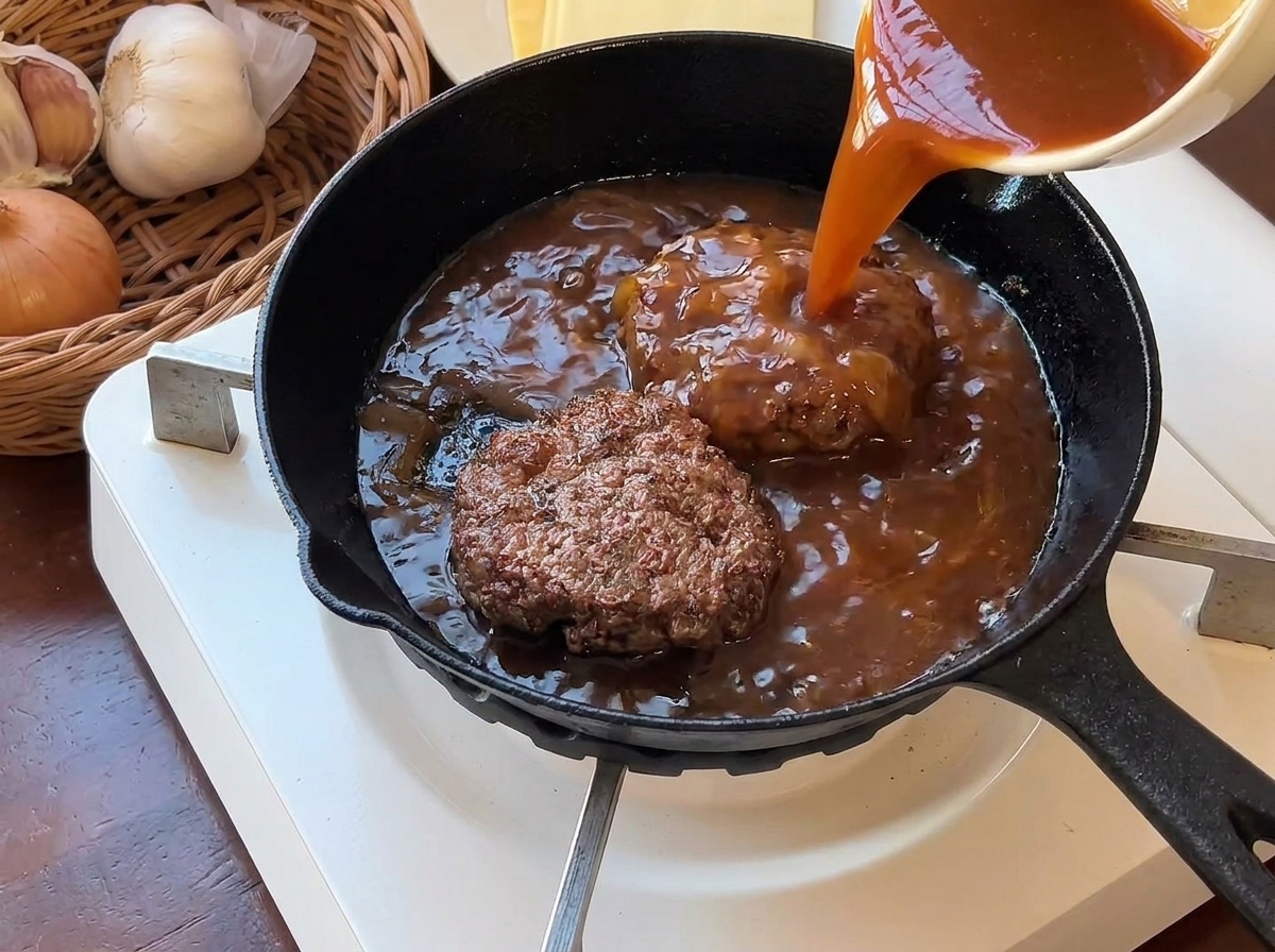 焼けたハンバーグに茶色のソースをかけて煮込んでいる様子