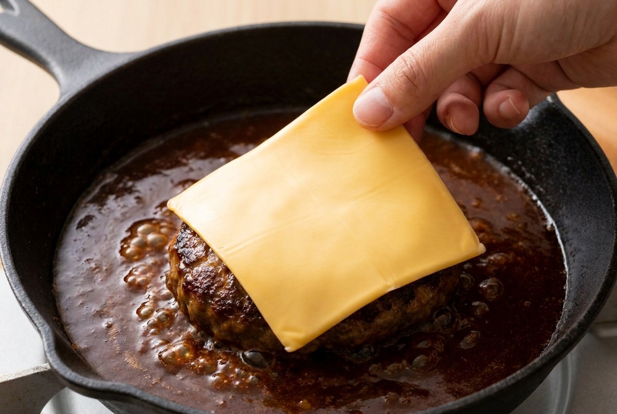 煮込み中のハンバーグにスライスチーズをのせる様子