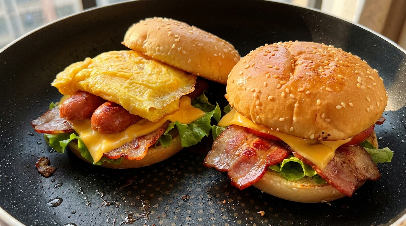 自家製ベーコン・エッグ・ソーセージの朝食バーガー