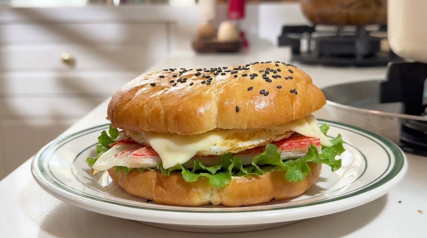 卵とカニカマのバターパンケーキ朝食バーガー
