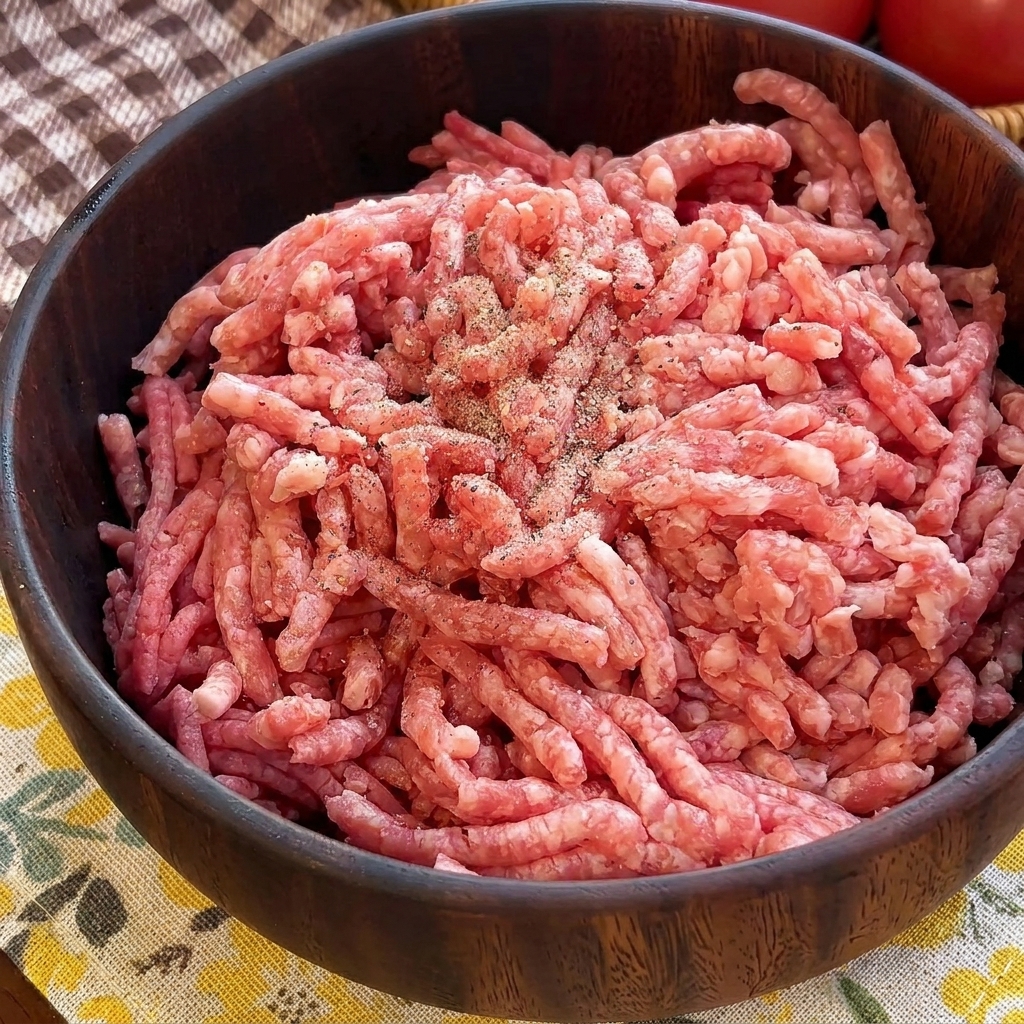 木製のボウルに入った生の牛ひき肉の上に、挽きたての黒こしょうと塩が乗っている様子。