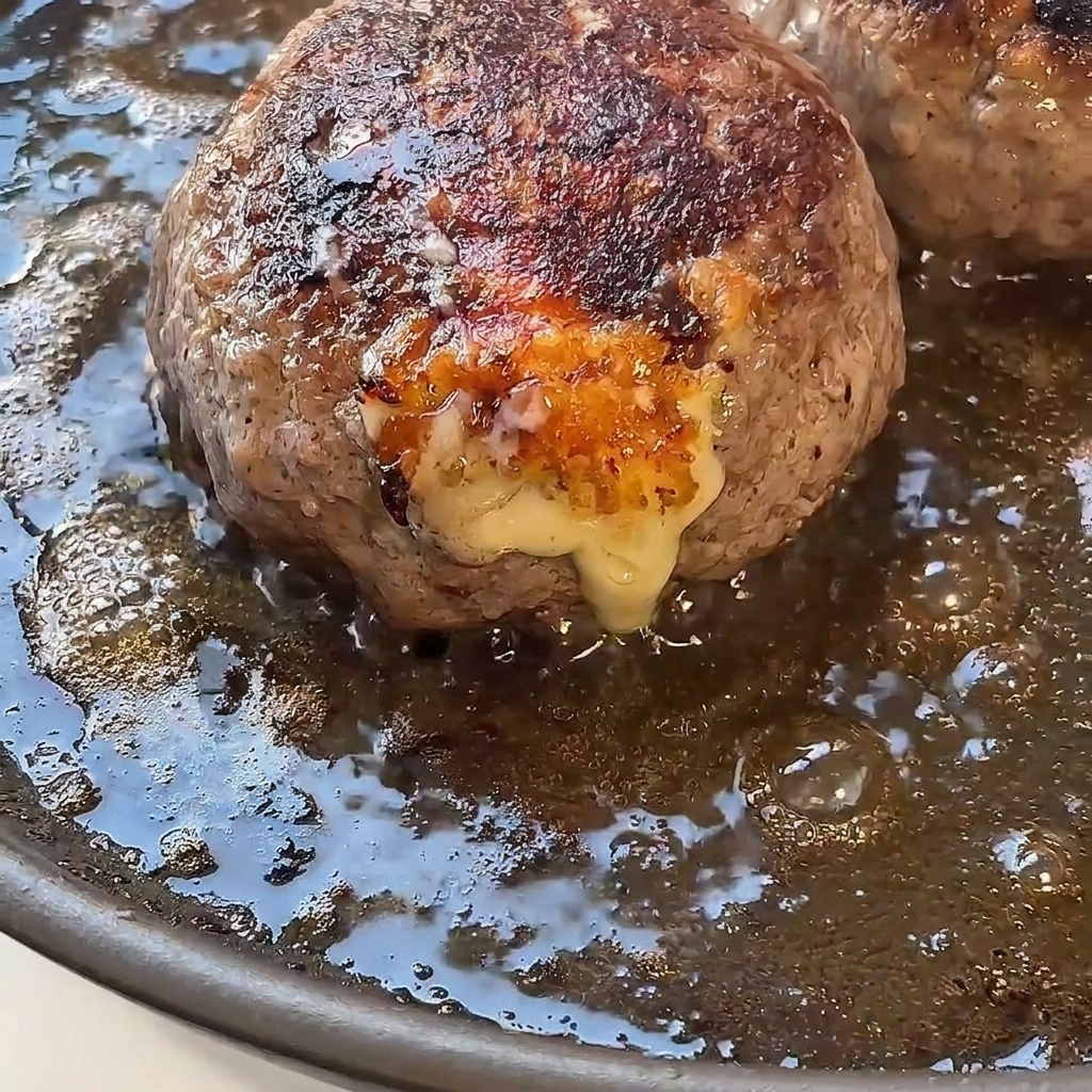 フライパンでジュージューと焼かれている、こんがりと色づいたビーフパティのクローズアップ。側面からとろけた黄金色のチーズが溢れ出ている。