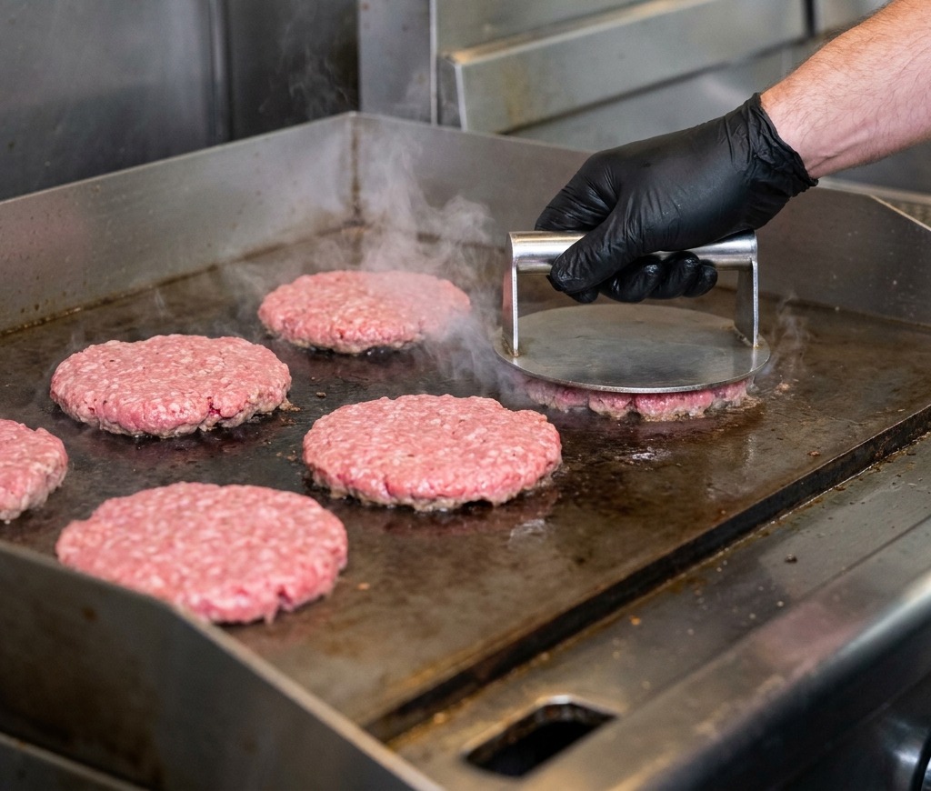 熱したキッチンの金属製鉄板に、生の牛ひき肉のミートボールを並べている様子。