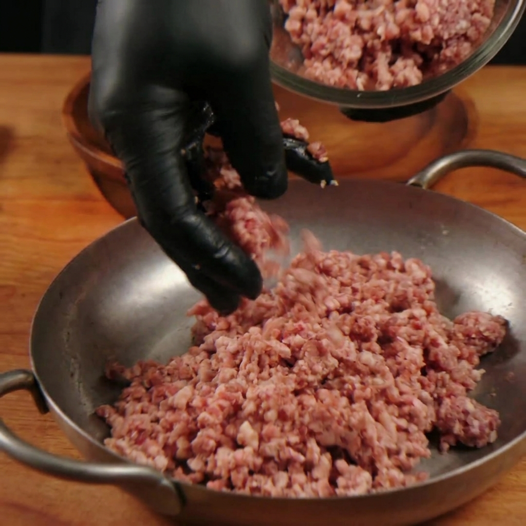 黒い手袋をした手で、金属製のバットに入った粗挽きの牛肉を優しく混ぜている様子