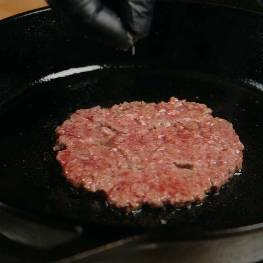 スキレットで焼いている肉に、手で塩と黒胡椒を振りかけている様子