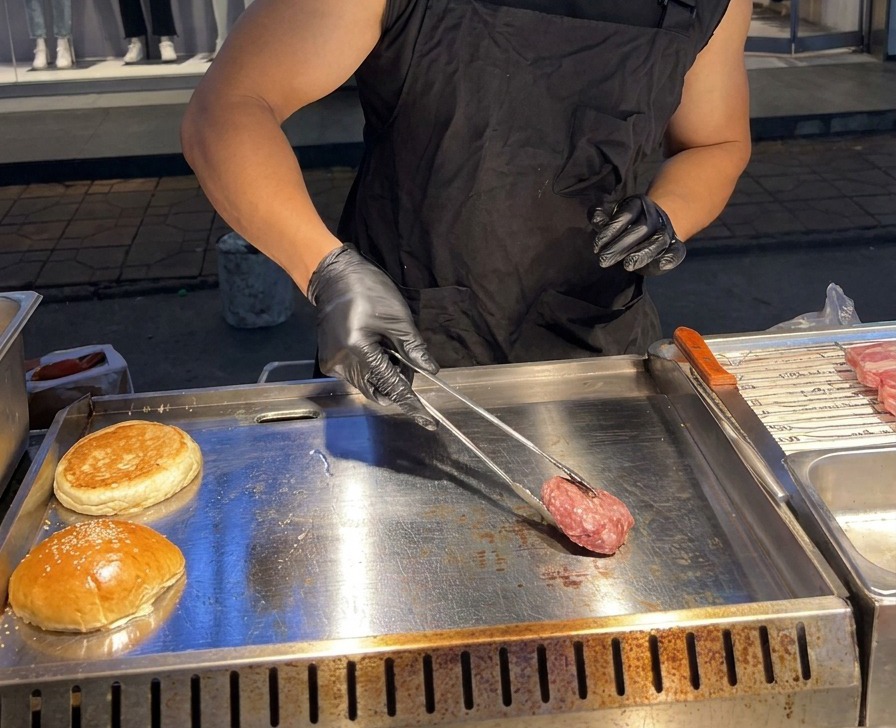 トングを使って、150gの厚みのある牛挽肉パティを熱いステンレスの鉄板にのせる様子