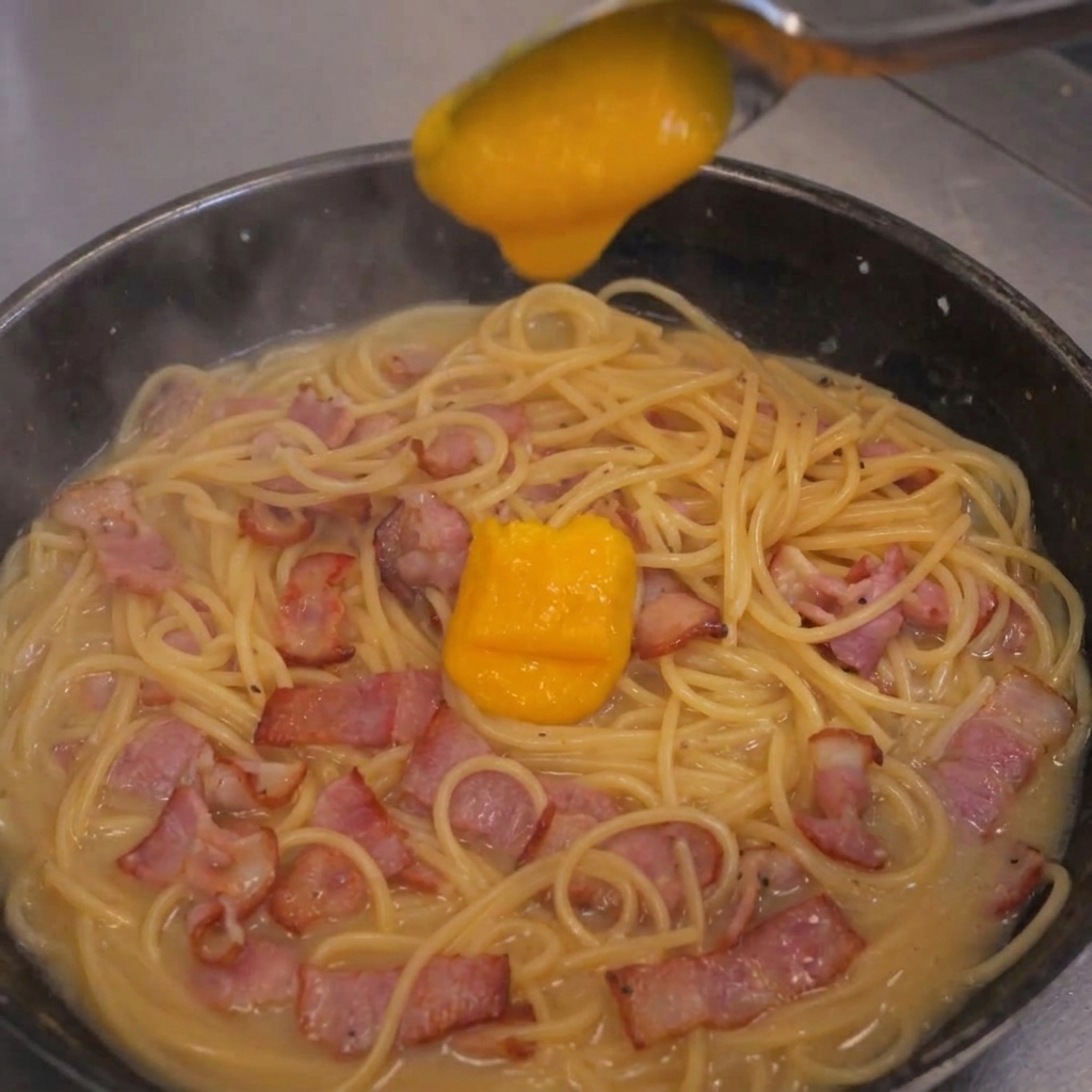 スパゲッティの上に、鮮やかなオレンジ色の卵とチーズの混合液を注いでいる様子。