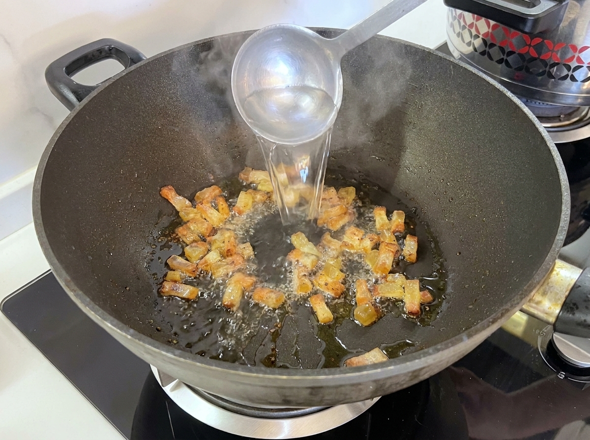 おたまを使って、パスタの茹で汁をカリカリのグアンチャーレが入った熱いフライパンに注ぐ様子。