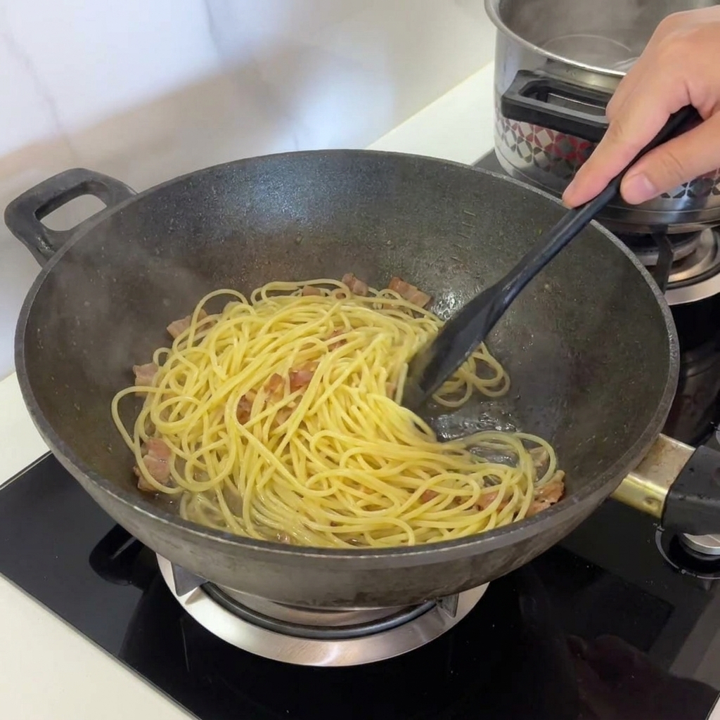 ガスコンロの火を消し、余熱のみの状態になったフライパンの中のパスタ。