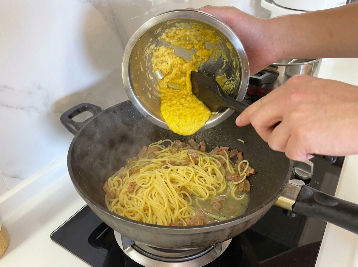 ステンレス製のボウルから、黄色く濃厚な卵とチーズのソースをフライパンのパスタに注ぐ様子。