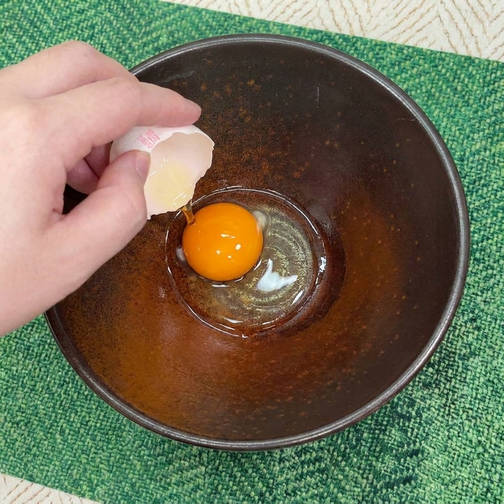 ボウルに生卵の卵黄を落とす様子