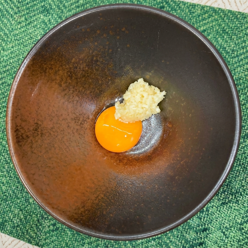 卵黄の隣に添えられたみじん切りのにんにく