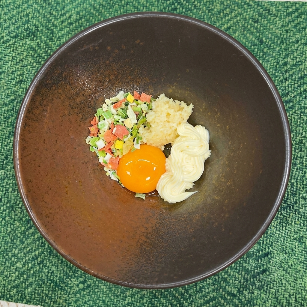 ボウルにかやく(乾燥野菜)を加える様子