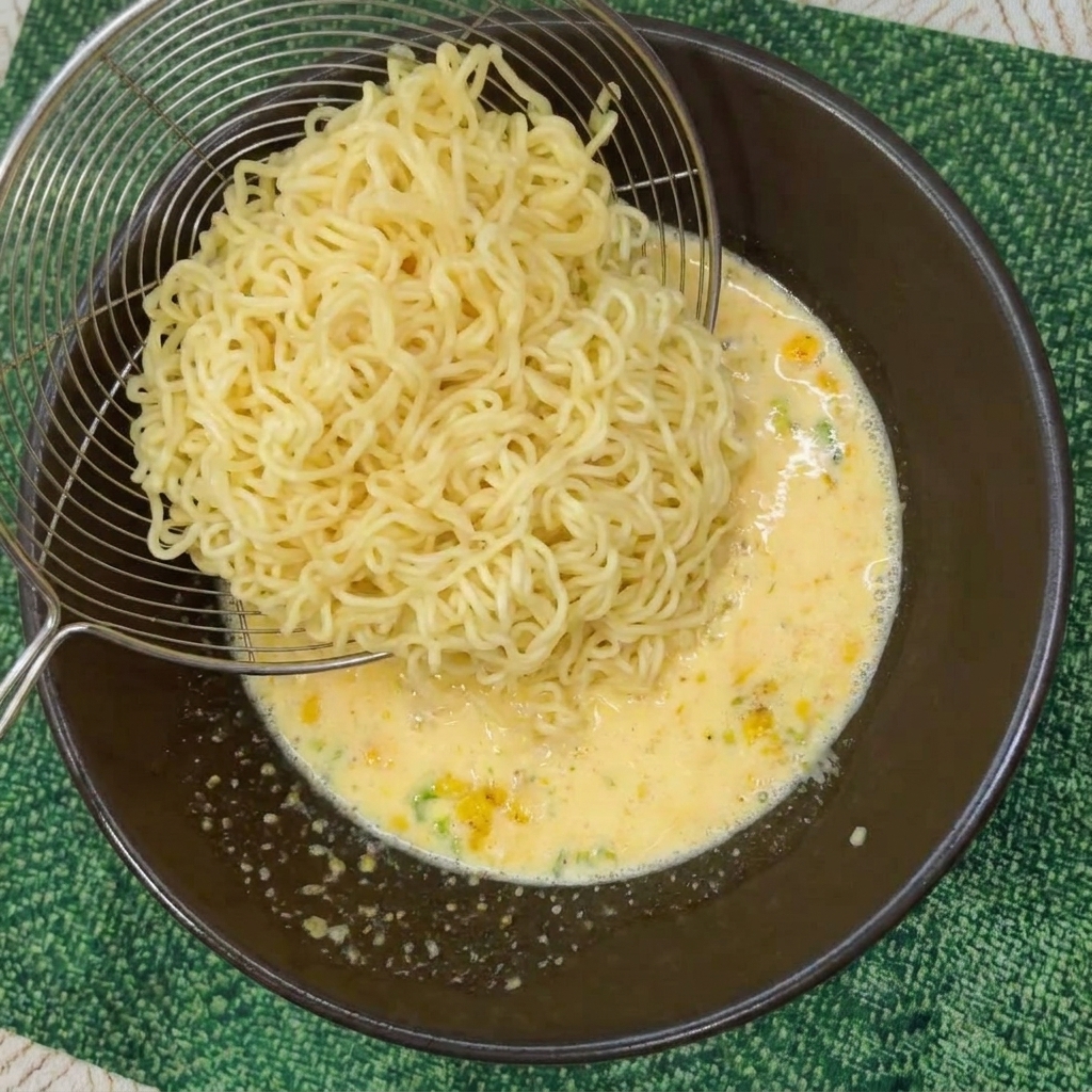 ザルから茹でたての麺をスープに移す様子