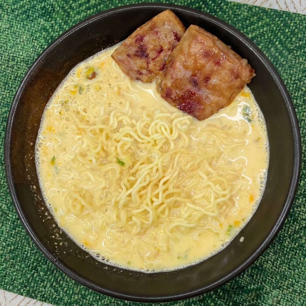 こんがり焼けたスパムをラーメンにトッピングする様子
