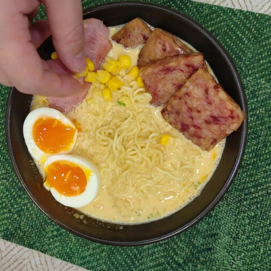 ラーメンの上にスイートコーンを散らす様子