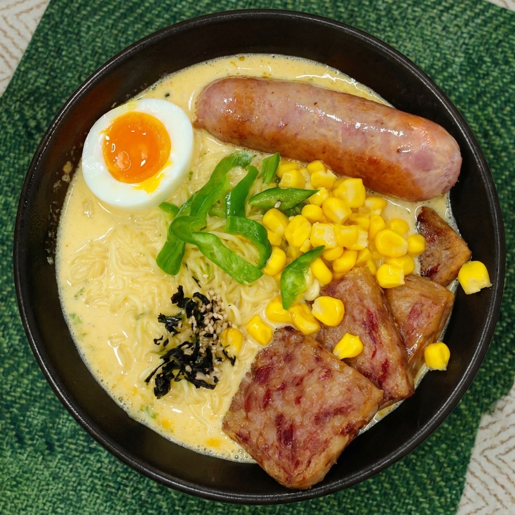 完成したラーメンに海苔とごまをふりかける様子