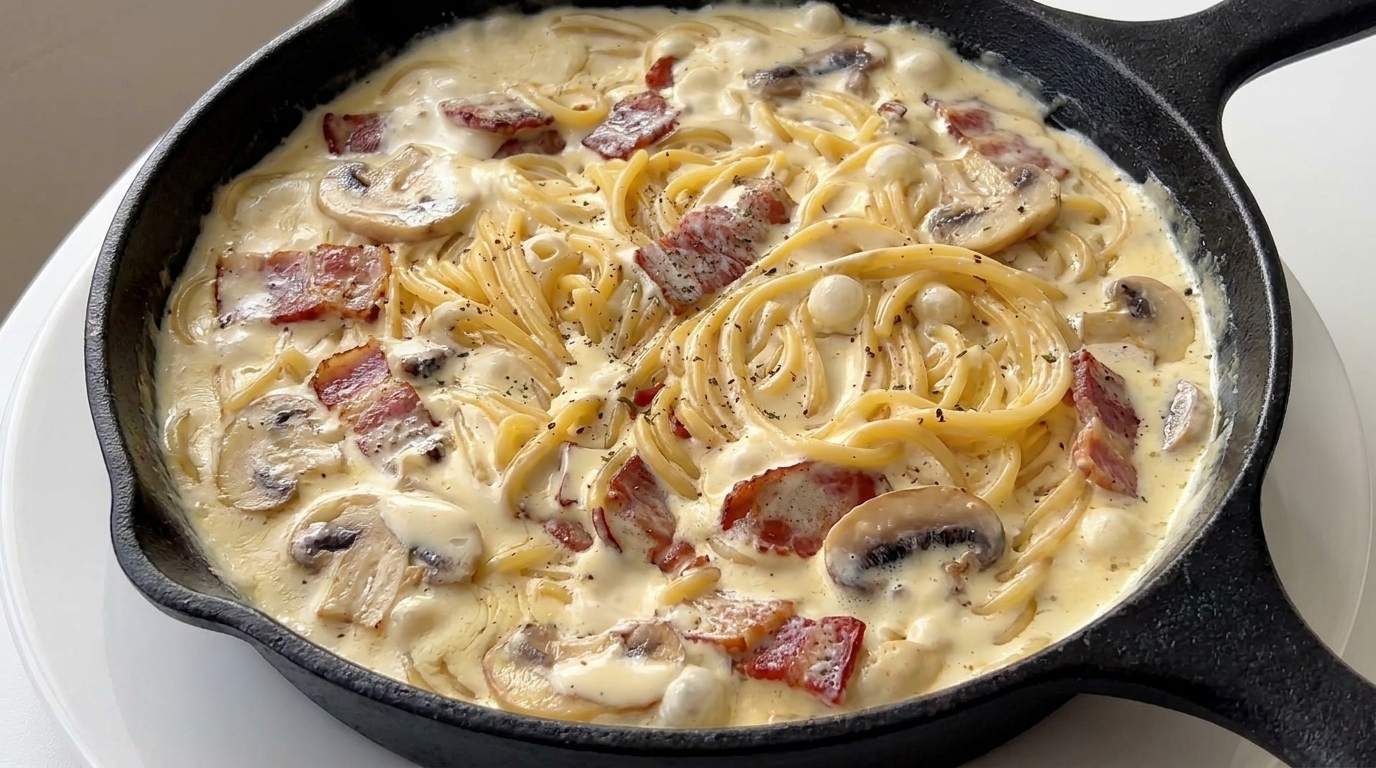 濃厚マッシュルームとベーコンのクリームパスタ