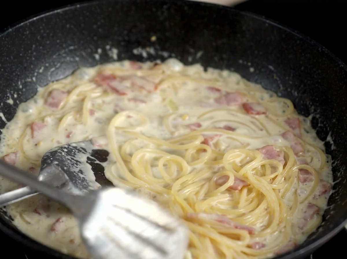 フライパンの中でクリームソースとスパゲッティを絡めながら加熱している様子
