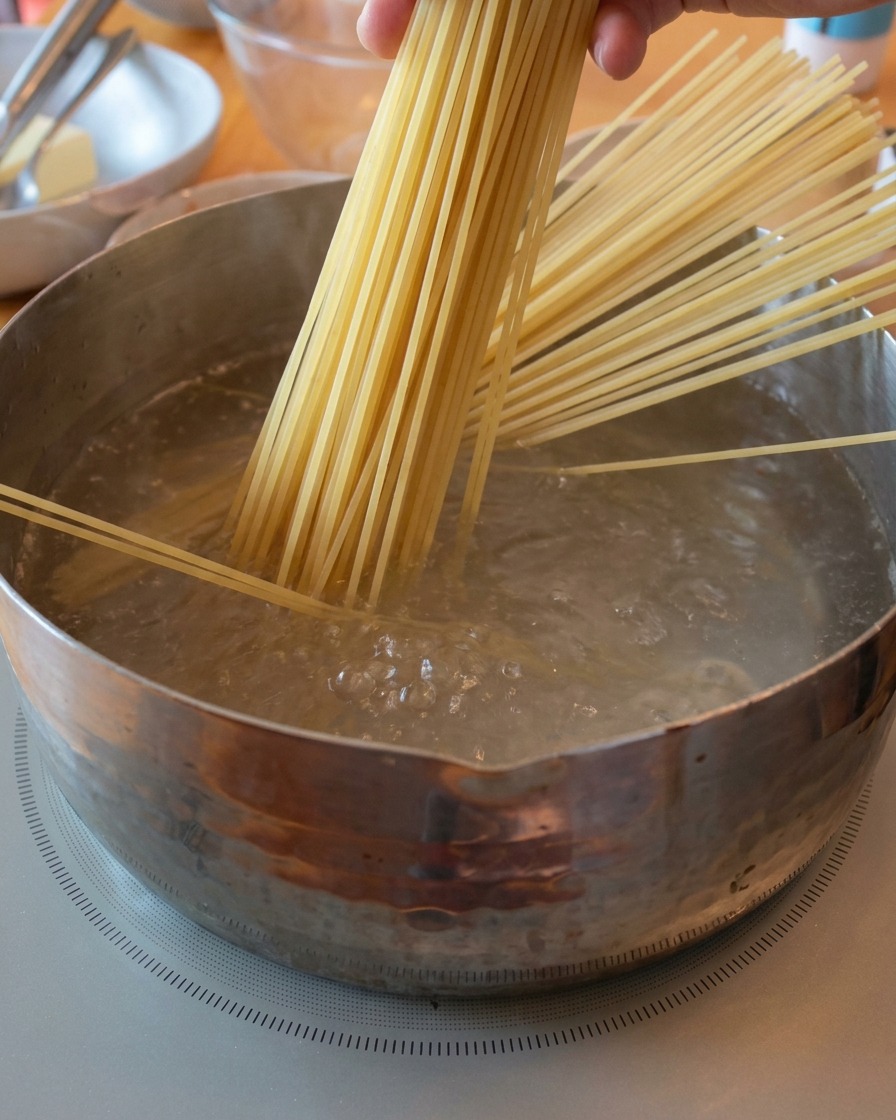 沸騰した鍋の上で、乾燥スパゲッティの束を垂直に持っている手。
